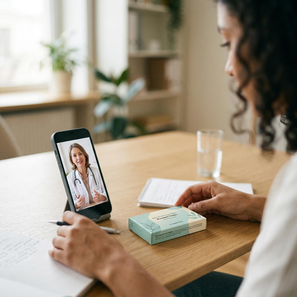 Patient speaking with doctor by video while reviewing medication at a table