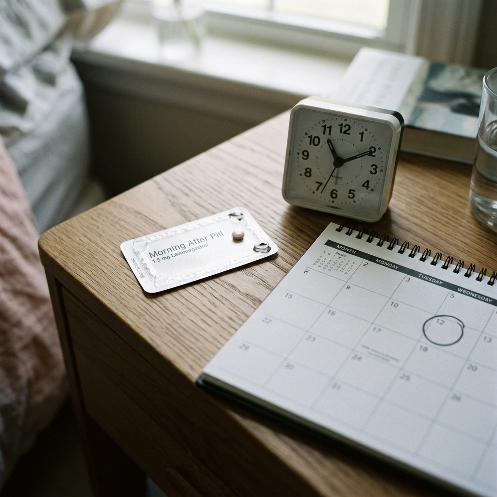 Morning After Pill, 1.5 mg Levonorgestrel, beside clock and calendar with circled date