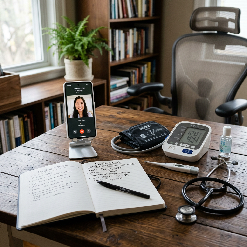 Telehealth call displayed beside blood pressure monitor and medical supplies