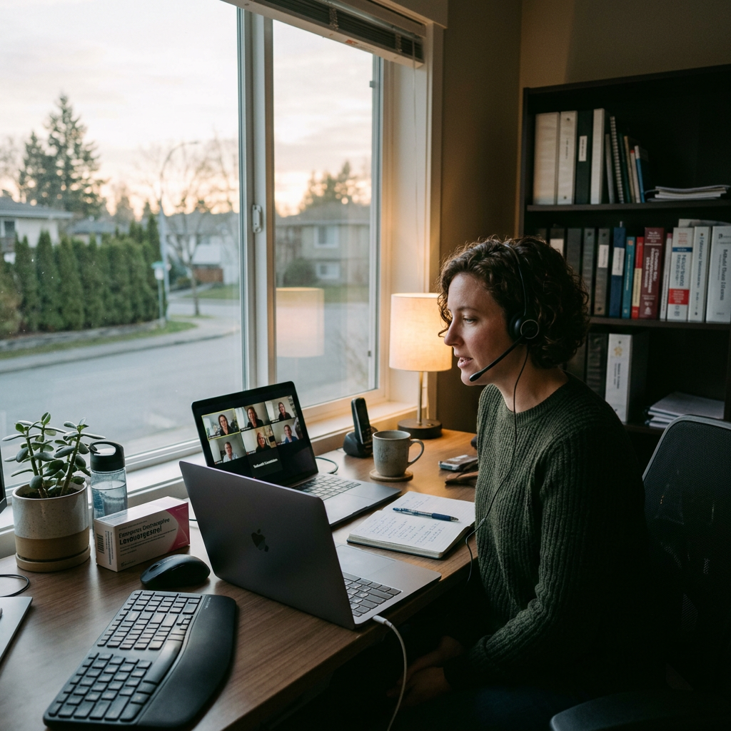 Professional wearing headset joins video meeting at home office desk