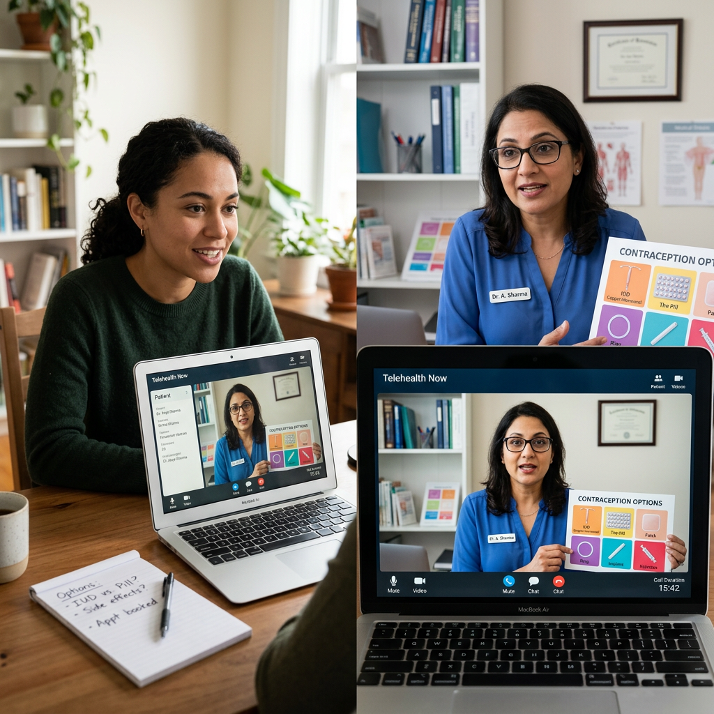 Patient and clinician discussing contraception options during a telehealth video call