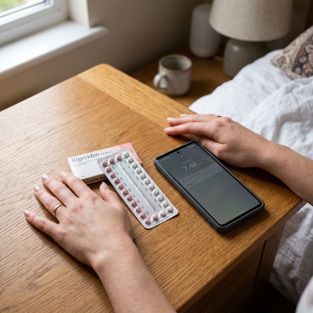 Blister tabletek antykoncepcyjnych obok telefonu z godziną przyjęcia dawki