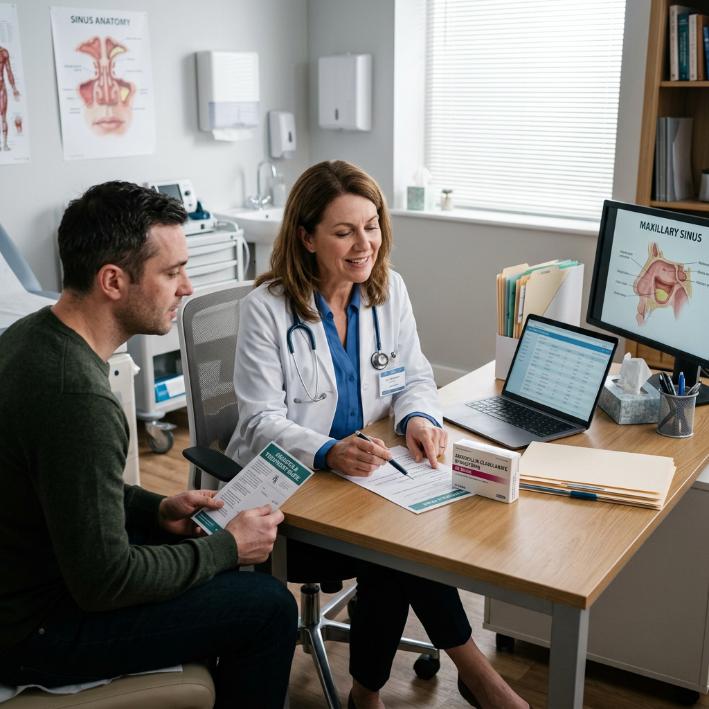Doctor discussing sinus anatomy with a patient in a medical office